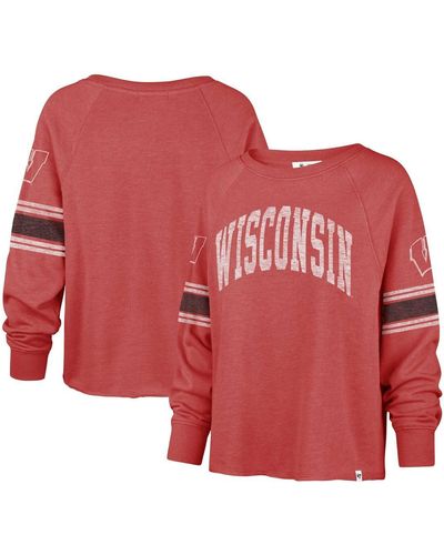 '47 Distressed Wisconsin Badgers Allie Modest Raglan Long Sleeve Cropped T-shirt - Red