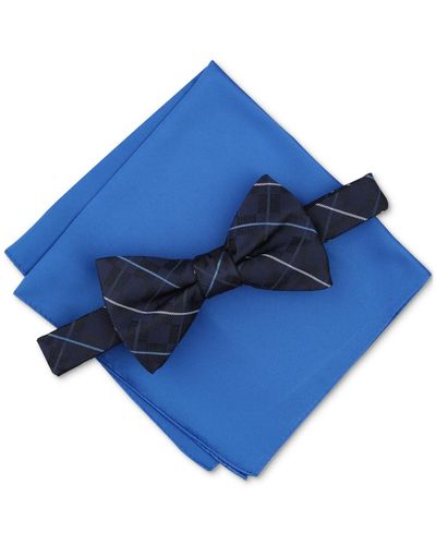 Alfani Canfield Grid Bow Tie & Solid Pocket Square Set - Blue