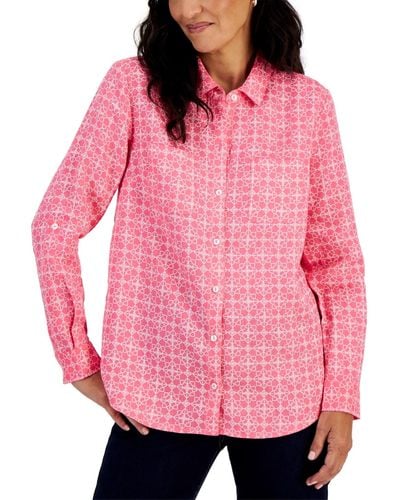 Charter Club Petite 100% Linen 3/4 Sleeve Paper Geo Roll Tab Shirt - Pink