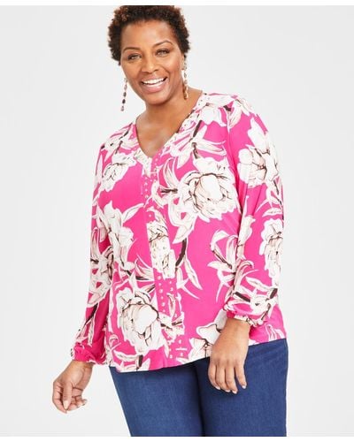 INC International Concepts Plus Size Printed Studded Blouson-sleeve Top - Pink
