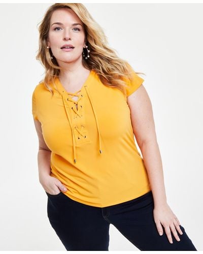 INC International Concepts Plus Size Lace-up-neck Short-sleeve Top - Yellow