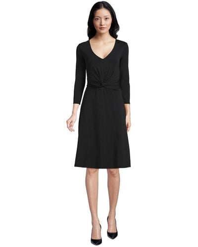 Lands' End Petite Lightweight Cotton Modal 3/4 Sleeve Fit And Flare V-neck Dress - Black