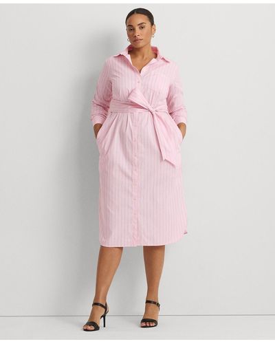 Lauren by Ralph Lauren Plus Size Striped Belted Shirtdress - Pink