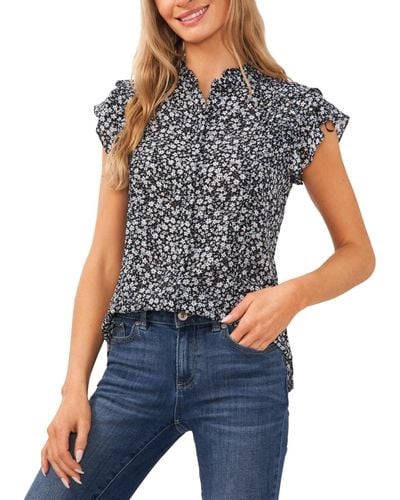 Cece Printed Flutter-sleeve Pintucked Blouse - Blue