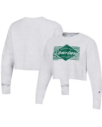 Champion Distressed Michigan State Spartans Reverse Weave Cropped Pullover Sweatshirt - White