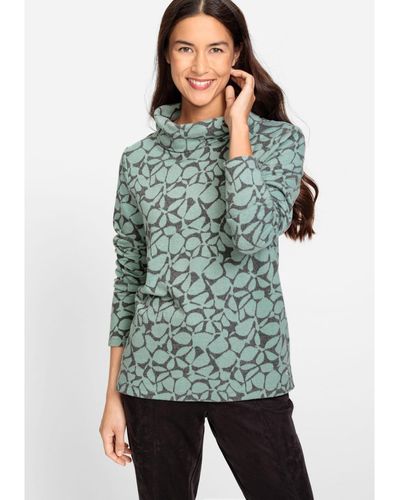 Olsen Long Sleeve Allover Pattern Jersey Knit Funnel Neck Top - Green