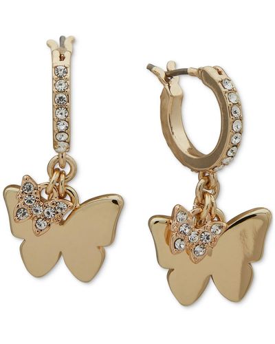 DKNY Gold-tone Pave Butterfly Charm Hoop Earrings - Metallic