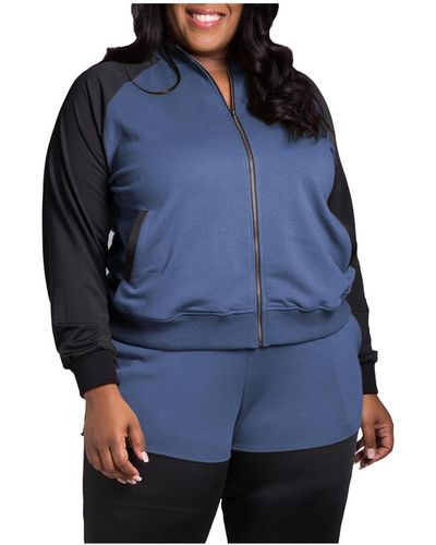Poetic Justice Plus Size Curvy Fit Zip Up Contrast Blocked Sweatshirt Jacket - Blue