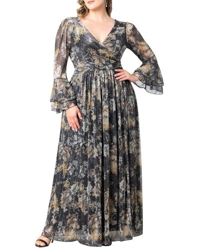 Kiyonna Plus Size Gilded Glamour Long Sleeve Evening Gown - Multicolor