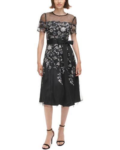 Eliza J Petite Embroidered Illusion Fit & Flare Dress - Black