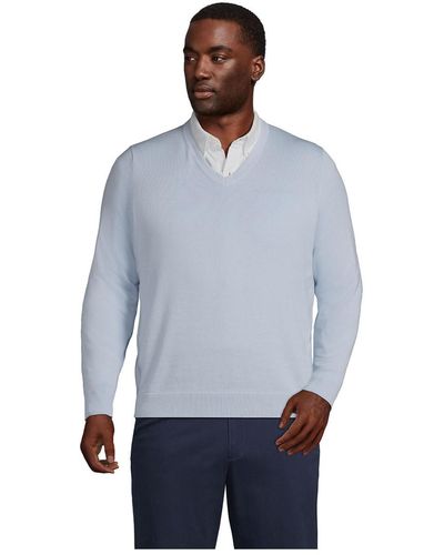 Lands' End Big & Tall Classic Fit Fine Gauge Supima Cotton V-neck Sweater - Blue