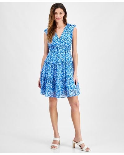 Taylor Petite Floral-print Tiered A-line Dress - Blue