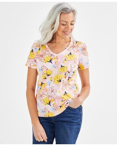 Style & Co. Short Sleeve Printed V-neck Top - Multicolor