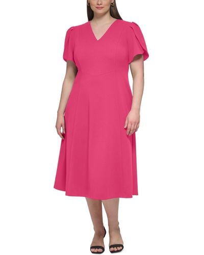 Calvin Klein Plus Size Tulip-sleeve V-neck Midi Dress - Pink