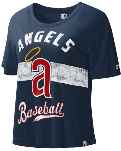 Starter Distressed Los Angeles Angels Cooperstown Collection Record Setter Crop Top - Blue