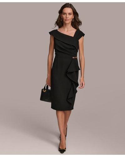 Donna Karan Asymmetric Neckline Cap Sleeve Ruffle Trim Sheath Dress - Black