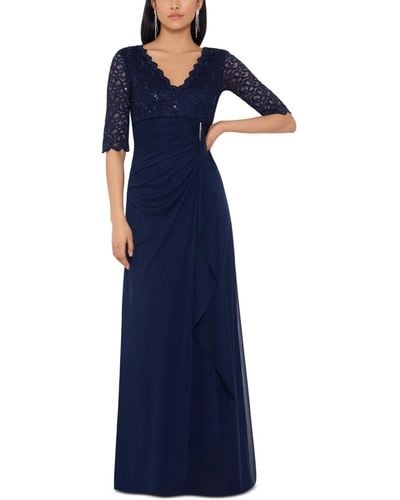Betsy & Adam Lace-top Waterfall-detail Gown - Blue
