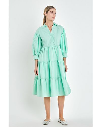 English Factory V-neckline Puff Sleeve Midi Dress - Green