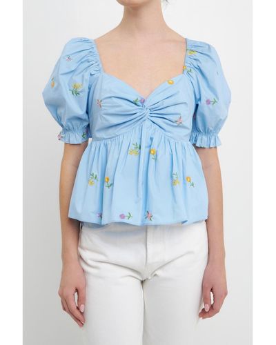 English Factory Multi Floral Embroidery Top - Blue