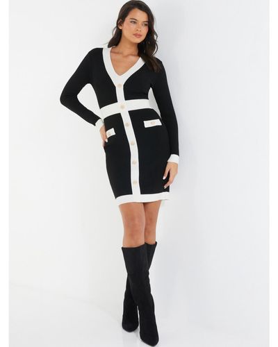 Quiz And White Knitted Color Block Dress - Black