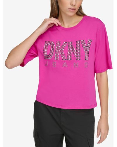 DKNY Crewneck Embellished-logo T-shirt - Pink
