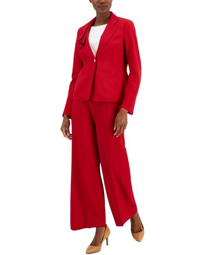 Nipon Boutique Asymmetrical Ruffled One-button Jacket & Wide-leg Pant Suit - Red