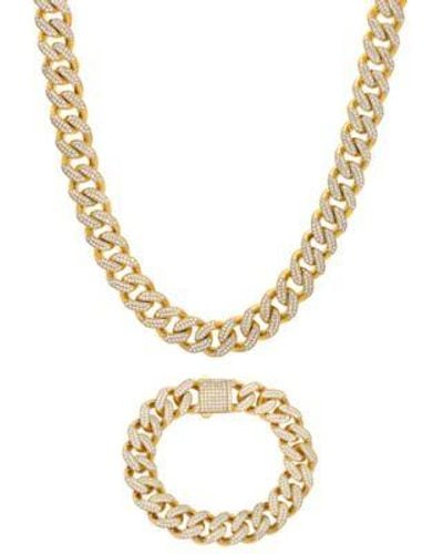 Macy's Cubic Zirconia Curb Link Chain Necklace Bracelet In 24k Gold Plated Sterling Silver - Metallic