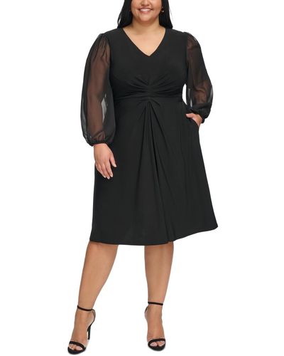 Jessica Howard Plus Size Gathered Blouson-sleeve Midi Dress - Black