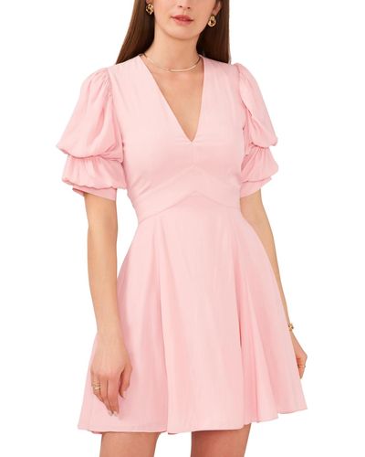 1.STATE V-neck Tiered Bubble Puff Sleeve Mini Dress - Pink