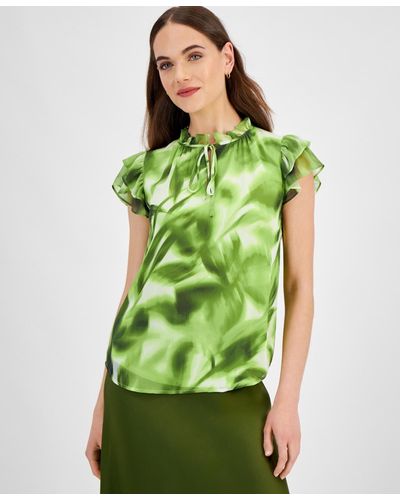 Anne Klein Printed Ruffled Tie-neck Blouse - Green