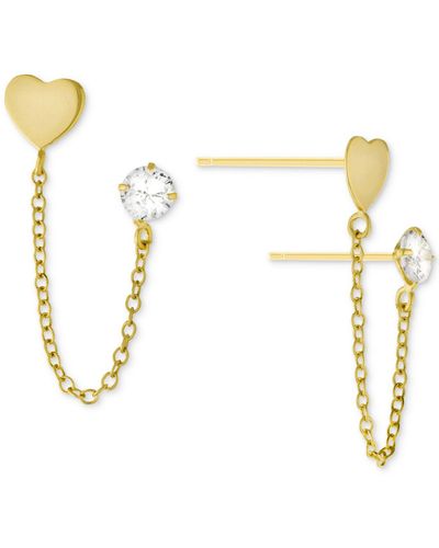 Giani Bernini Cubic Zirconia & Heart Double Piercing Chain Earrings In Gold-plated Sterling Silver, Created For Macy's - Metallic