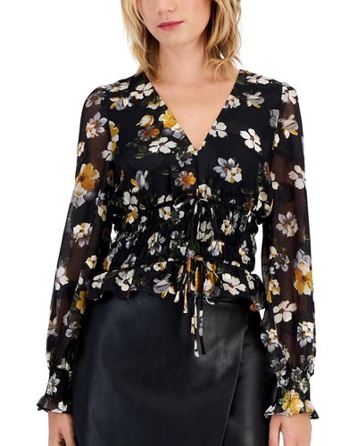 Lucy Paris Floral-print Smocked-waist Tie-front Sheer-sleeve Blouse - Black