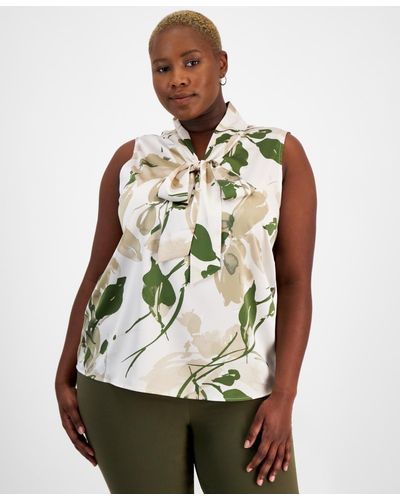 Tahari Plus Size Printed Sleeveless Bow Blouse - Multicolor
