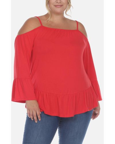 White Mark Plus Size Cold Shoulder Ruffle Sleeve Top - Red