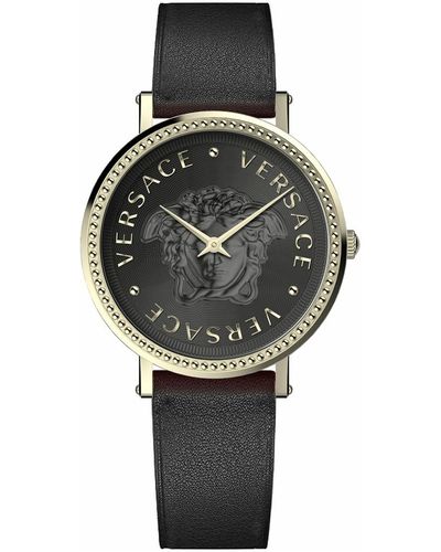 Versace Swiss V-dollar Black Leather Strap Watch 37mm - Gray