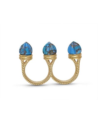 LuvMyJewelry Sea Breeze Design Gold Plated Silver Turquoise Gemstone Multifinger Open Ring - Blue