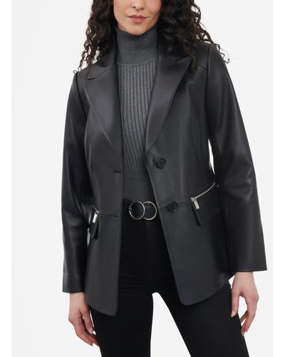Anne Klein Zip-pocket Leather Blazer Coat - Black