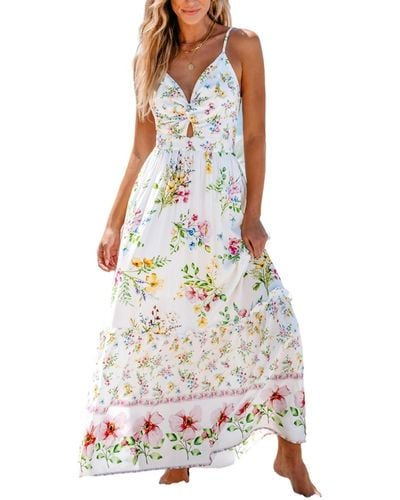 CUPSHE Floral Print Twisted Cutout Maxi Beach Dress - White