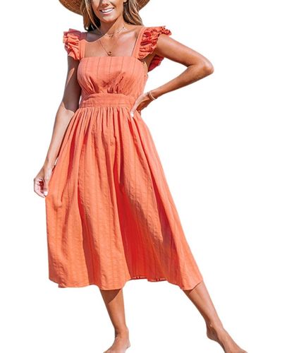 CUPSHE Red Square Neck Flutter Midi Beach Dress - Orange