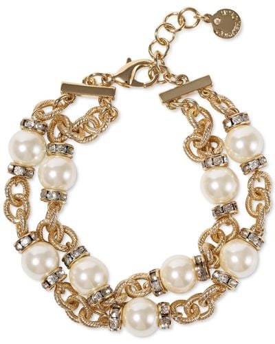 Charter Club Gold-tone Pave Rondelle Bead & Imitation Pearl Double-row Link Bracelet - White