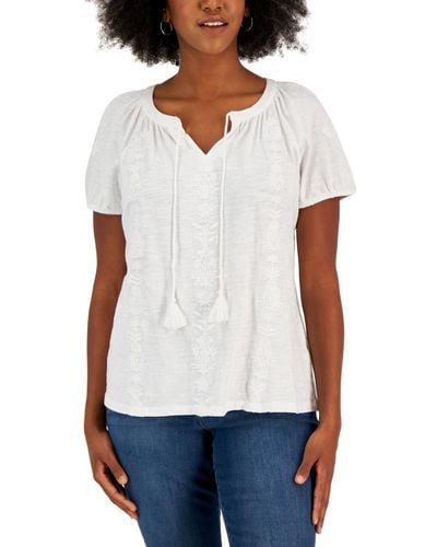Style & Co. Cotton Embroidered Peasant Top - White