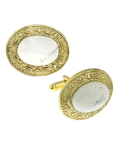 1928 Jewelry 14k Gold Plated Semi-precious Howlite Oval Cufflinks - White
