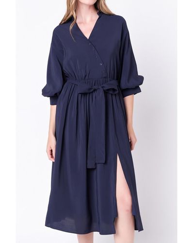 English Factory Angled Buttoned Wrap Midi Dress - Blue