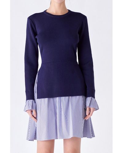 English Factory Poplin Combo Knit Dress - Blue