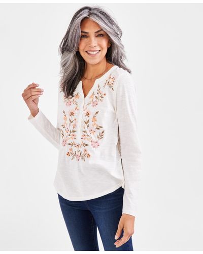 Style & Co. Embroidered Henley Knit Top - White