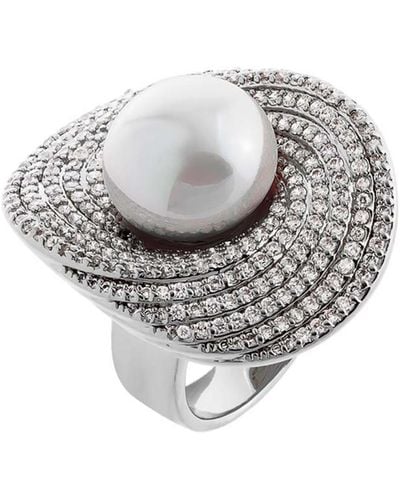 By Adina Eden Fancy Pave Curved Imitation Pearl Ring - Gray