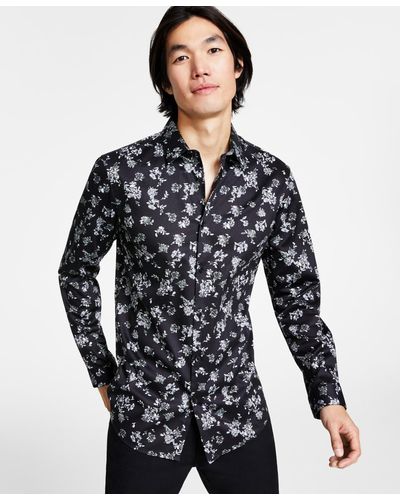 INC International Concepts Gabriel Slim-fit Floral-print Tuxedo Shirt - Blue