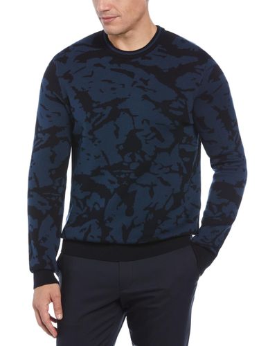 Perry Ellis Jacquard Camo Crewneck Pullover Sweater - Blue