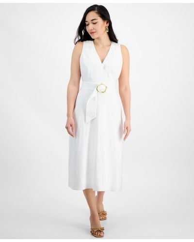 INC International Concepts Petite Linen-blend Belted Midi Dress - White