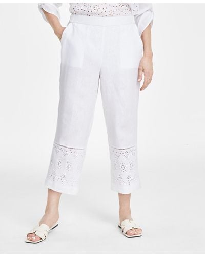 Charter Club 100% Linen Cropped Eyelet Pull-on Pants - White